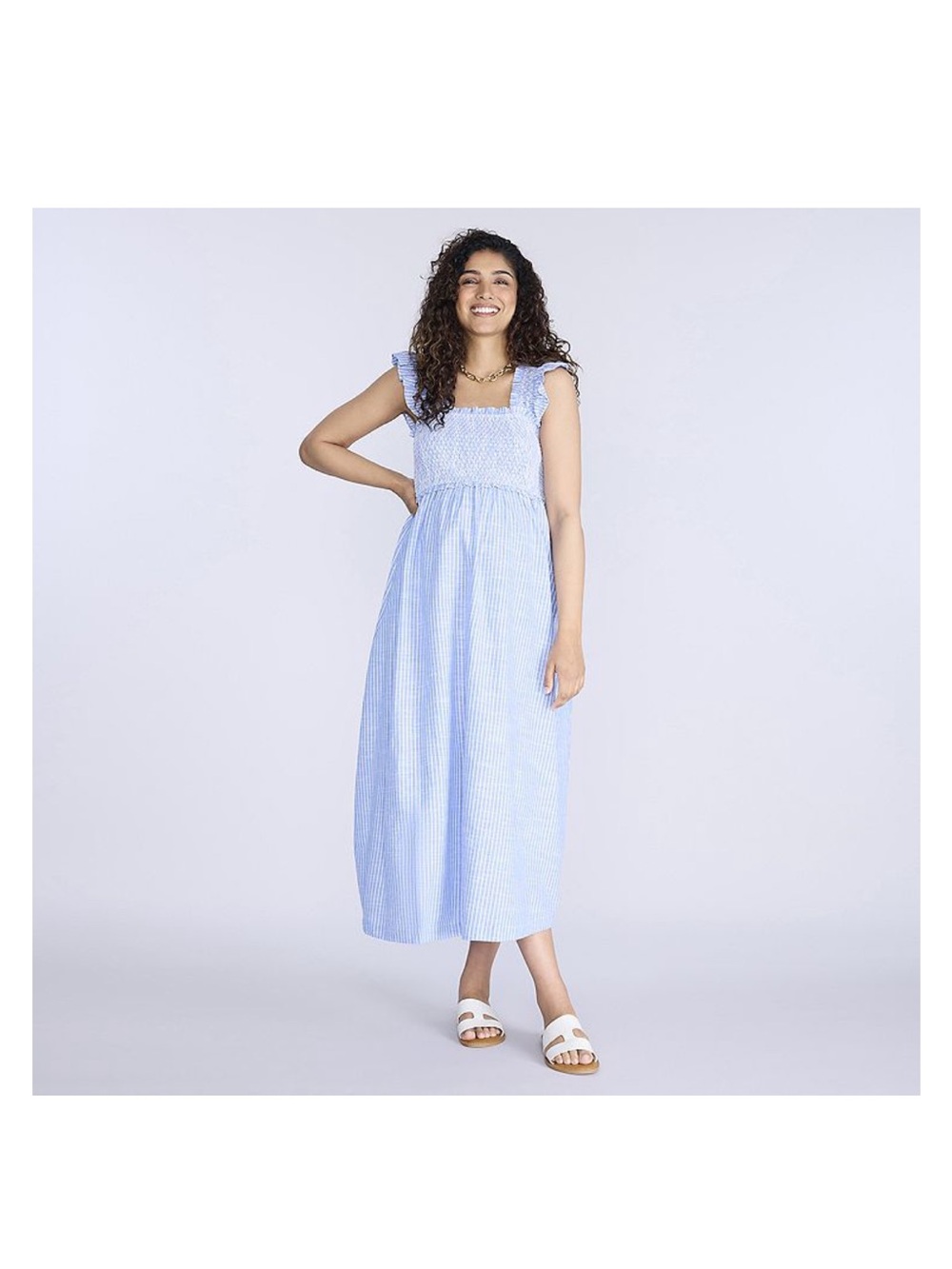 Motherhood Maternity Smocked Light Blue Gingham Midi Dress with Ruffle Straps